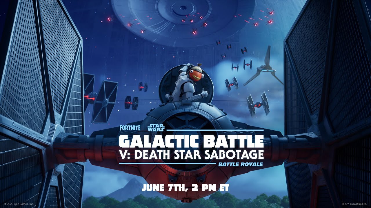 Fortnite Death Star Sabotage event poster featuring TIE Fighters, Death Star, and Fishstick in pilot gear