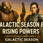 Star Wars SWTOR Galactic Season 8 promotional art featuring a Basilisk droid and Mandalorian warrior