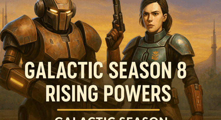 Star Wars SWTOR Galactic Season 8 promotional art featuring a Basilisk droid and Mandalorian warrior