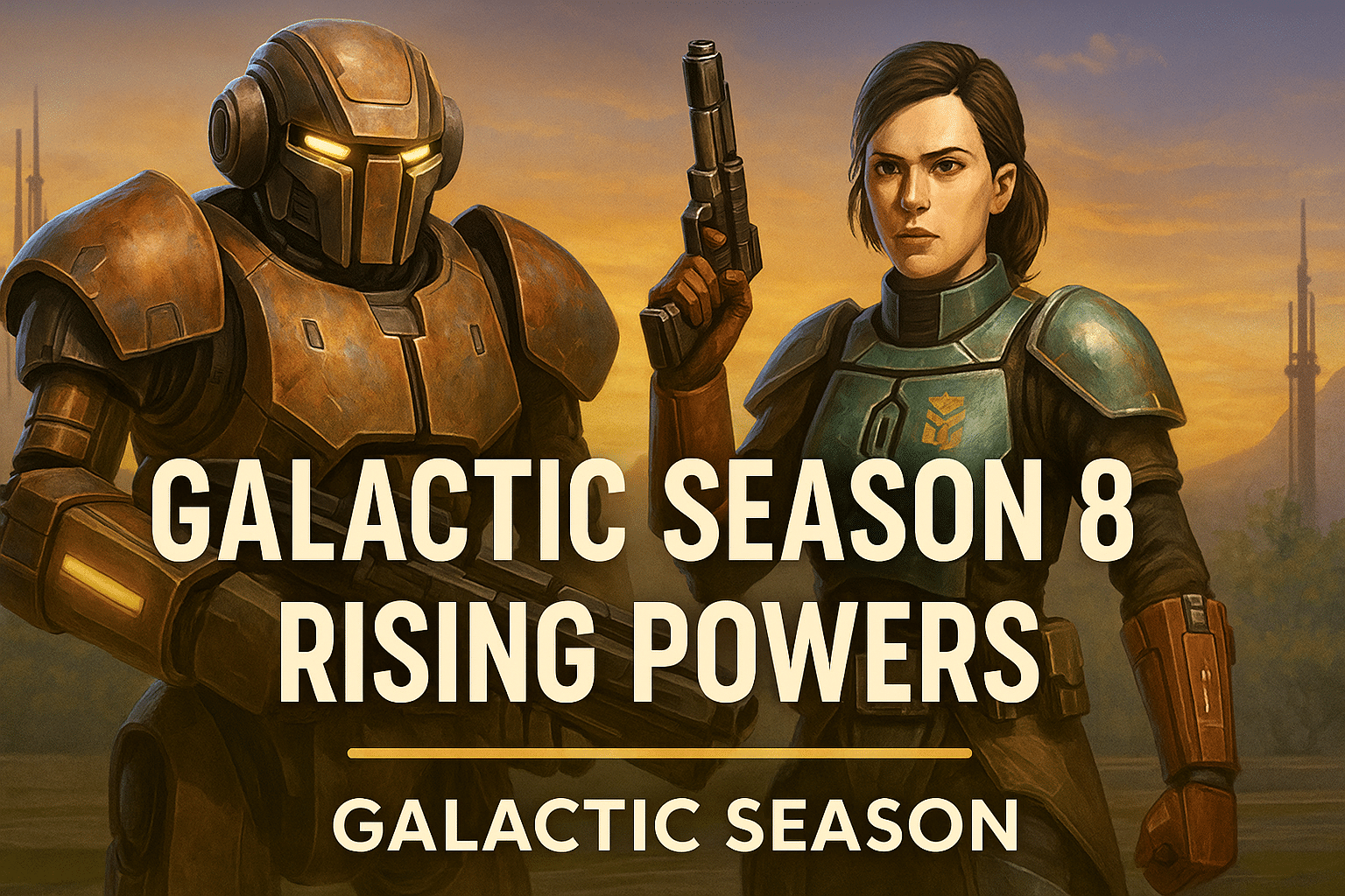 Star Wars SWTOR Galactic Season 8 promotional art featuring a Basilisk droid and Mandalorian warrior