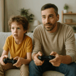 Father and young son on a gray sofa playing a video game together, both holding console controllers, with light-filled living room background.