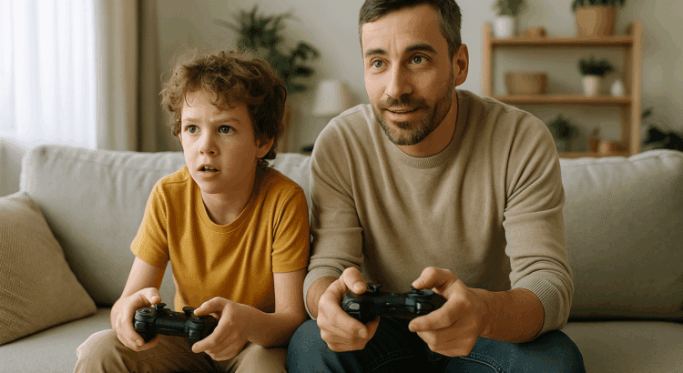 Father and young son on a gray sofa playing a video game together, both holding console controllers, with light-filled living room background.