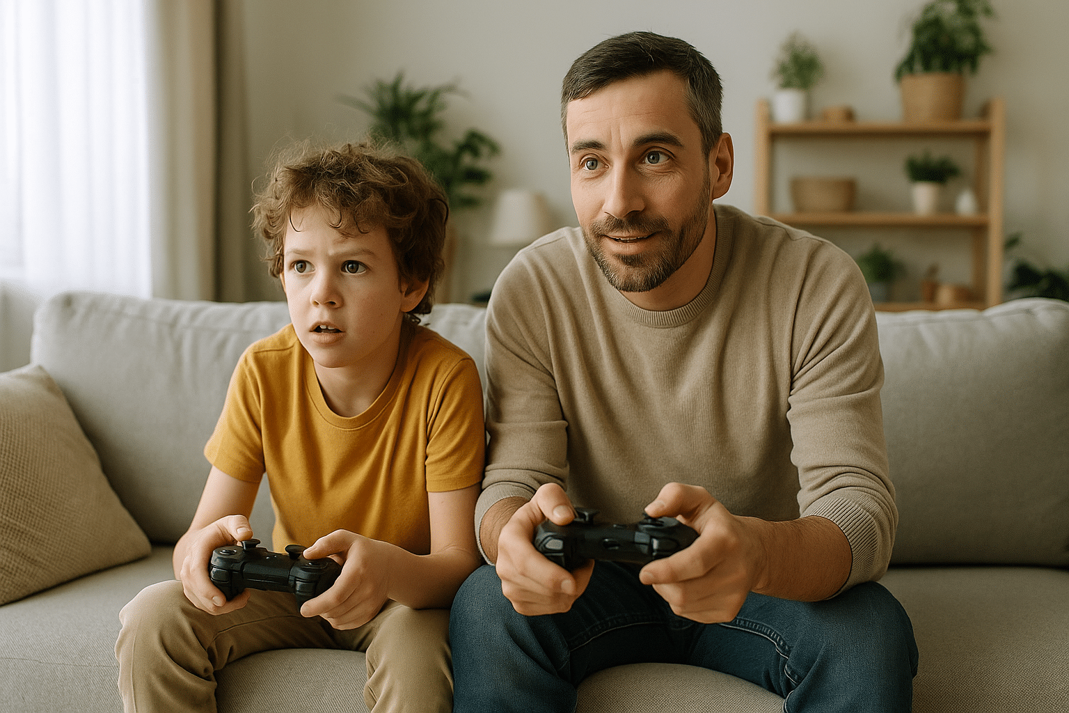 Father and young son on a gray sofa playing a video game together, both holding console controllers, with light-filled living room background.