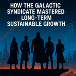 Silhouetted sci-fi business leaders overlooking a futuristic cityscape
