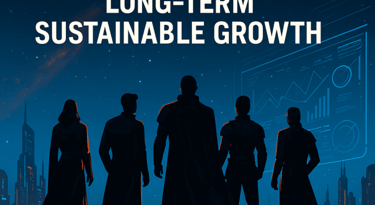 Silhouetted sci-fi business leaders overlooking a futuristic cityscape