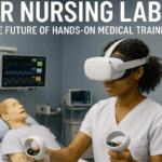 Nursing student wearing a VR headset practicing patient care on a virtual patient in a simulated hospital environment.