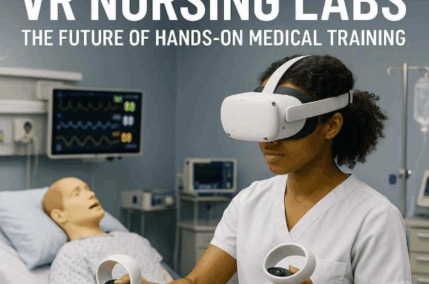 Nursing student wearing a VR headset practicing patient care on a virtual patient in a simulated hospital environment.
