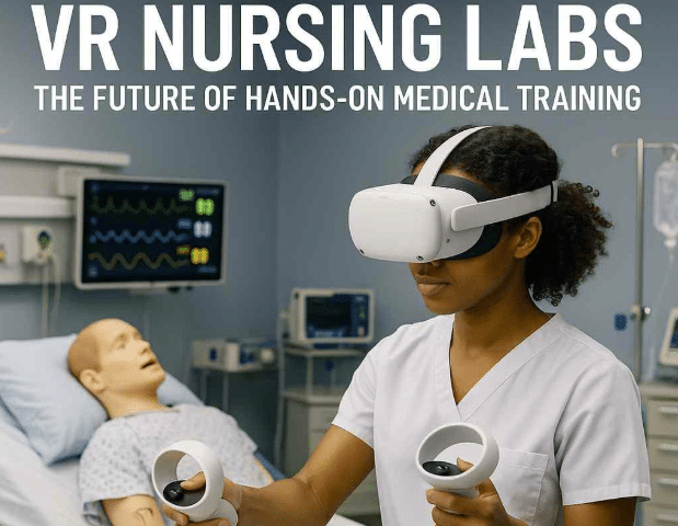 Nursing student wearing a VR headset practicing patient care on a virtual patient in a simulated hospital environment.