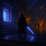 Jedi standing on the steps of a temple during Order 66 in Star Wars Galaxy of Heroes
