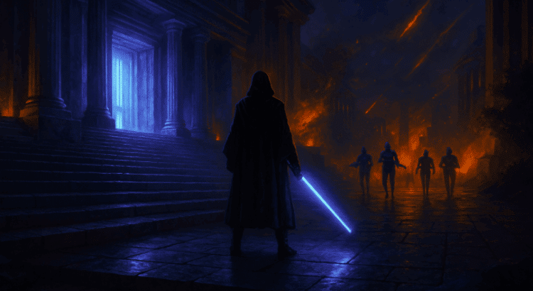 Jedi standing on the steps of a temple during Order 66 in Star Wars Galaxy of Heroes