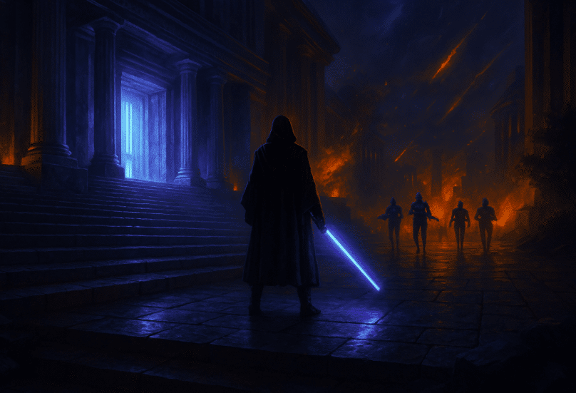 Jedi standing on the steps of a temple during Order 66 in Star Wars Galaxy of Heroes