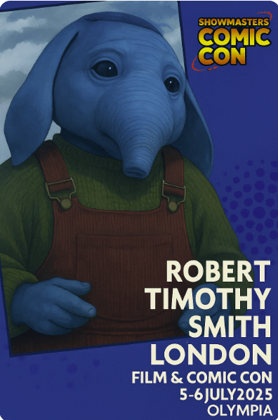 Promotional art of blue elephant-like character attending London Film & Comic Con 2025