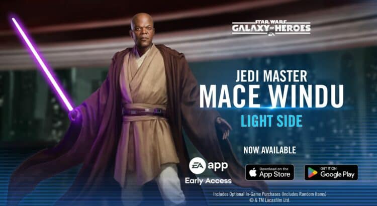 Official character image of Jedi Master Mace Windu holding a purple lightsabe