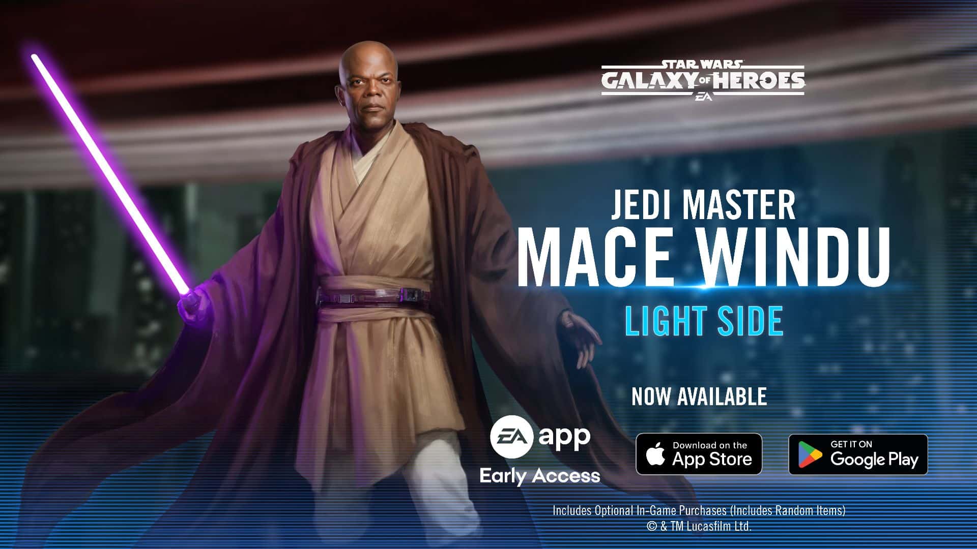 Official character image of Jedi Master Mace Windu holding a purple lightsabe