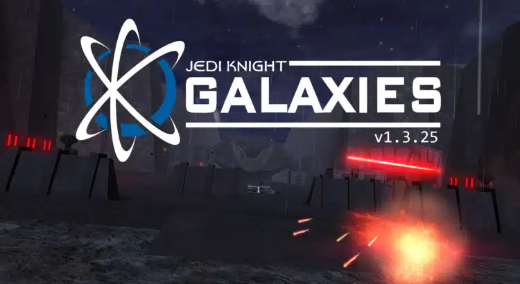 JKGalaxies v1.3.25 splash screen with blaster fire and logo