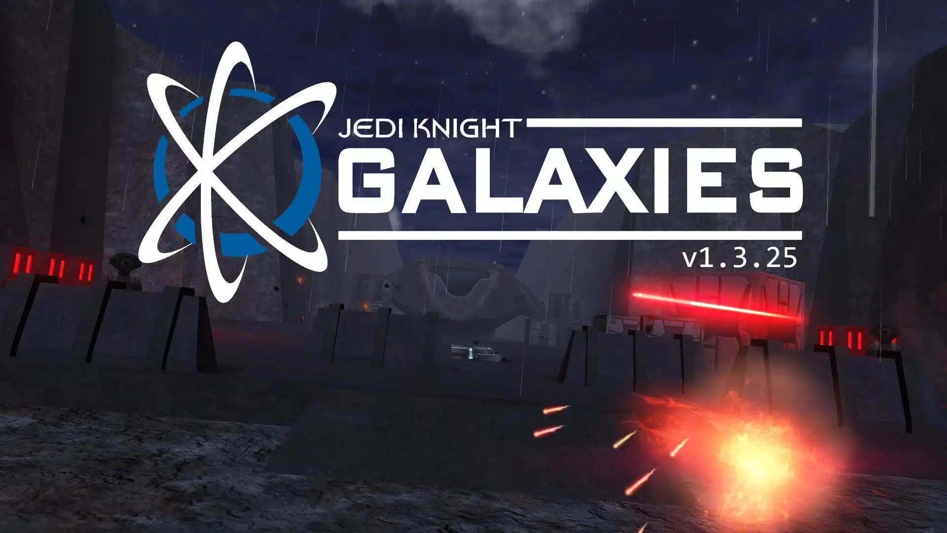 JKGalaxies v1.3.25 splash screen with blaster fire and logo