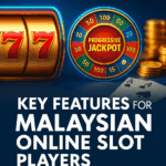 Colorful online slot interface promoting key features for Malaysian players with bonus symbols and jackpot elements.