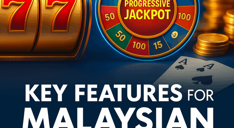 Colorful online slot interface promoting key features for Malaysian players with bonus symbols and jackpot elements.