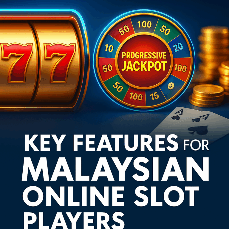 Colorful online slot interface promoting key features for Malaysian players with bonus symbols and jackpot elements.
