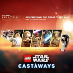 LEGO Star Wars Castaways Attack of the Clones event banner with minifigures and ships from the movie