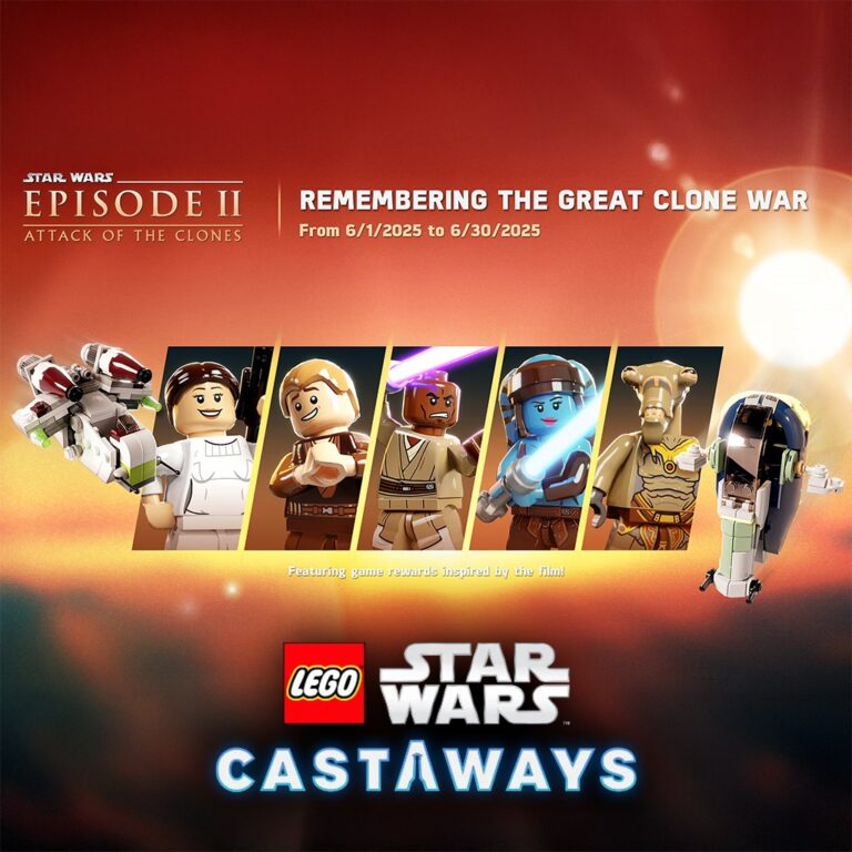 LEGO Star Wars Castaways Attack of the Clones event banner with minifigures and ships from the movie