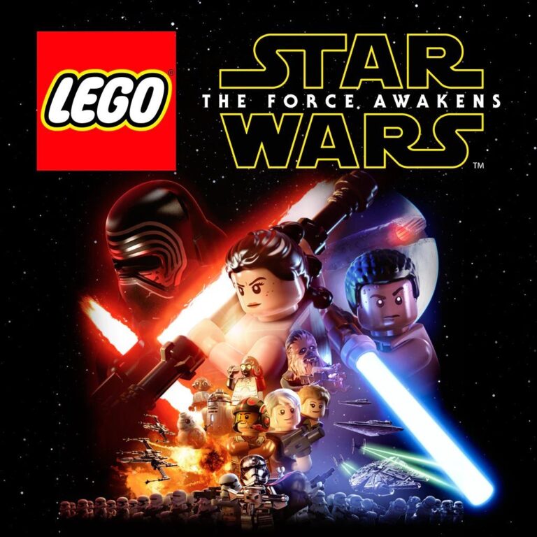 LEGO Star Wars The Force Awakens game cover featuring Rey, Finn, Kylo Ren, and other characters in LEGO minifigure style