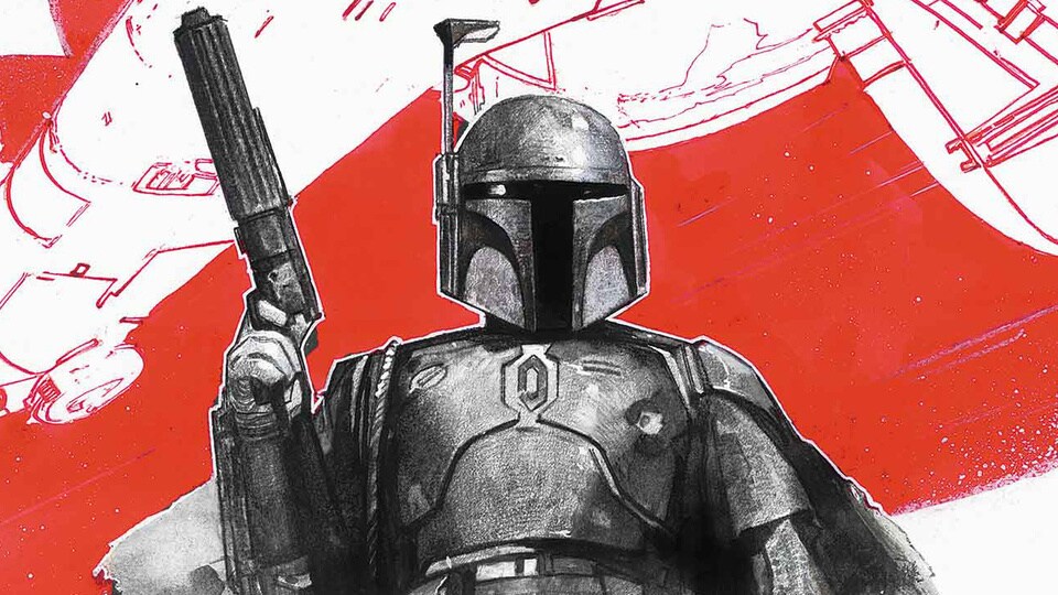 Boba Fett in black, white, and red comic cover from Marvel’s new miniserie