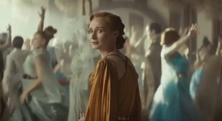 Mon Mothma at a lavish party scene from Andor series in a gold gown