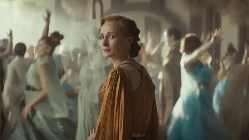 Mon Mothma at a lavish party scene from Andor series in a gold gown