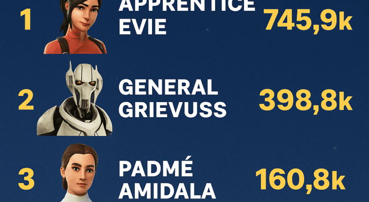 Infographic showing top 5 most used Star Wars skins in Fortnite with usage stats