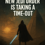 Hooded Jedi with blue lightsaber at temple ruins under starry sky with caption “New Jedi Order Is Taking a Time-Out.”