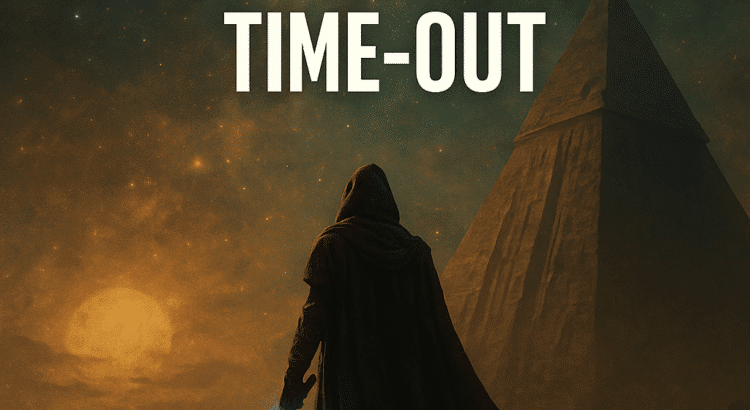 Hooded Jedi with blue lightsaber at temple ruins under starry sky with caption “New Jedi Order Is Taking a Time-Out.”