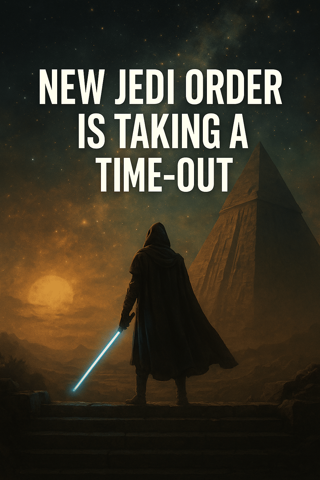 Hooded Jedi with blue lightsaber at temple ruins under starry sky with caption “New Jedi Order Is Taking a Time-Out.”
