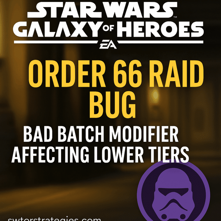 Star Wars Galaxy of Heroes Order 66 Raid bug warning graphic with Clone Troopers and alert symbol