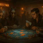 Photorealistic Star Wars-style casino scene with smugglers and aliens playing Sabacc under moody lighting at a high-stakes card table.