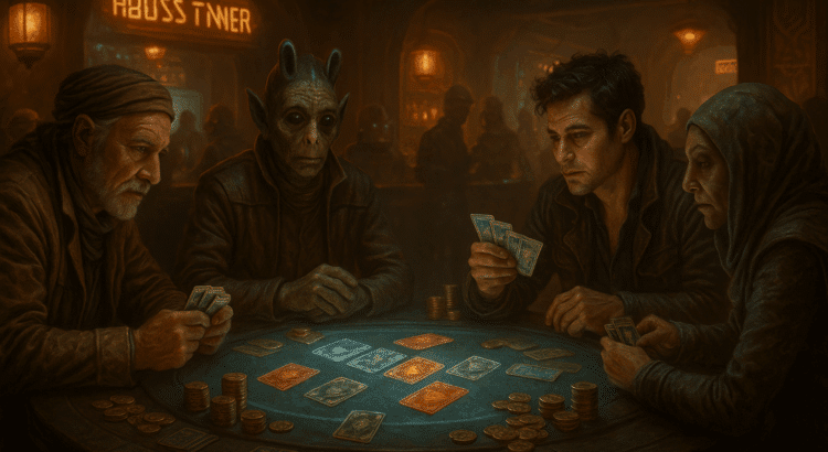 Photorealistic Star Wars-style casino scene with smugglers and aliens playing Sabacc under moody lighting at a high-stakes card table.