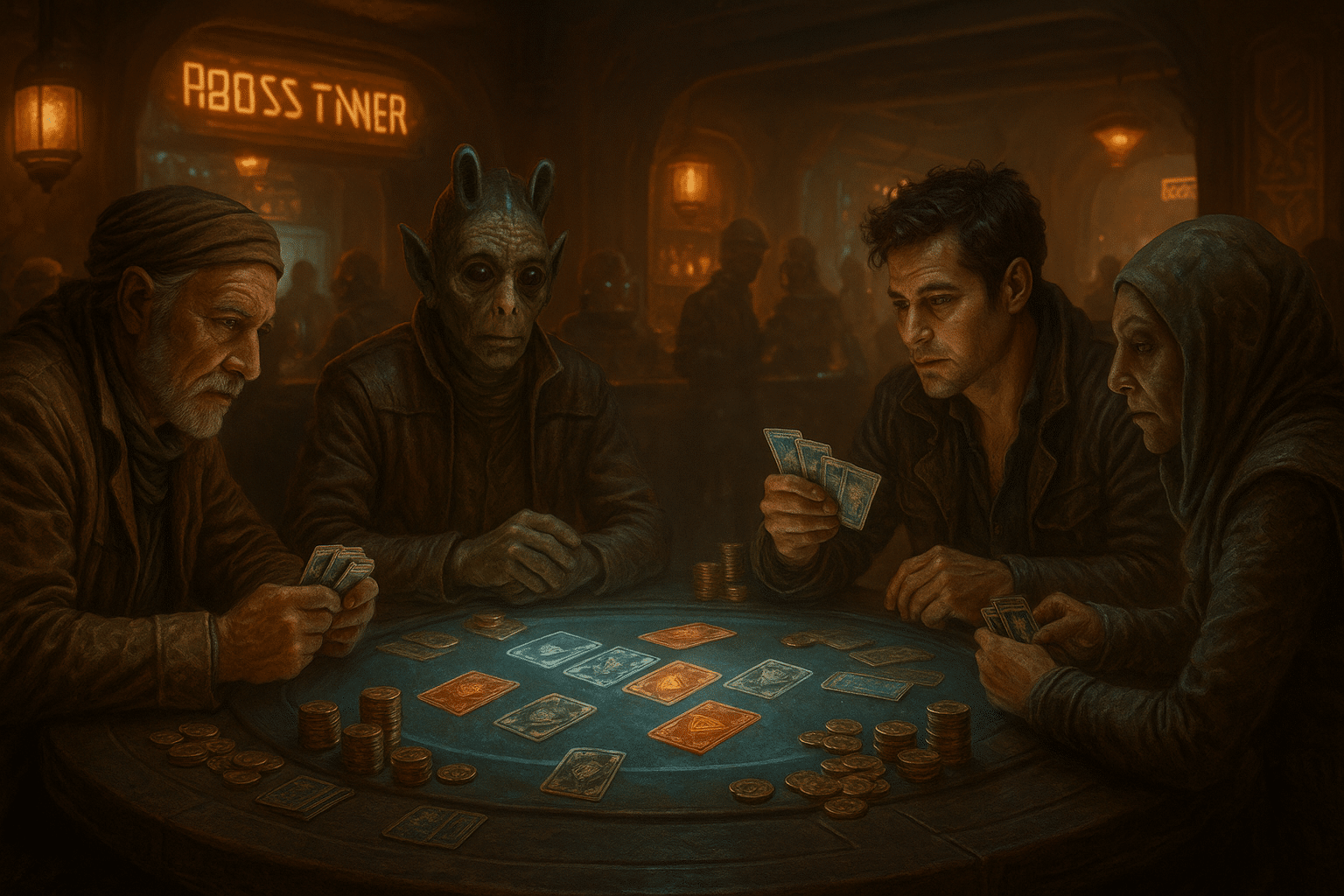 Photorealistic Star Wars-style casino scene with smugglers and aliens playing Sabacc under moody lighting at a high-stakes card table.