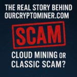 Warning graphic showing "The Real Story Behind OurCryptoMiner.com" with bold red "SCAM" stamp and subtitle "Cloud Mining or Classic Scam?" on a digital tech background.