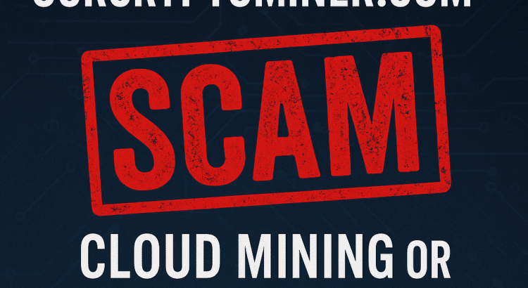 Warning graphic showing "The Real Story Behind OurCryptoMiner.com" with bold red "SCAM" stamp and subtitle "Cloud Mining or Classic Scam?" on a digital tech background.