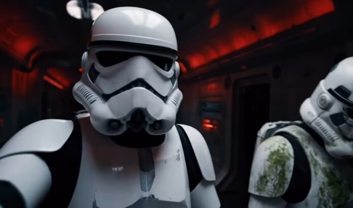 Two stormtroopers inside a dark corridor with red emergency lighting
