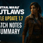 Kay Vess stands ready in a dark alley beside title update text for Star Wars Outlaws TU1.7