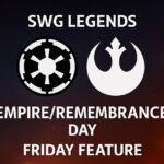 SWG Legends Empire Day and Remembrance Day 2025 promotional banner with Galactic Empire and Rebel Alliance symbols