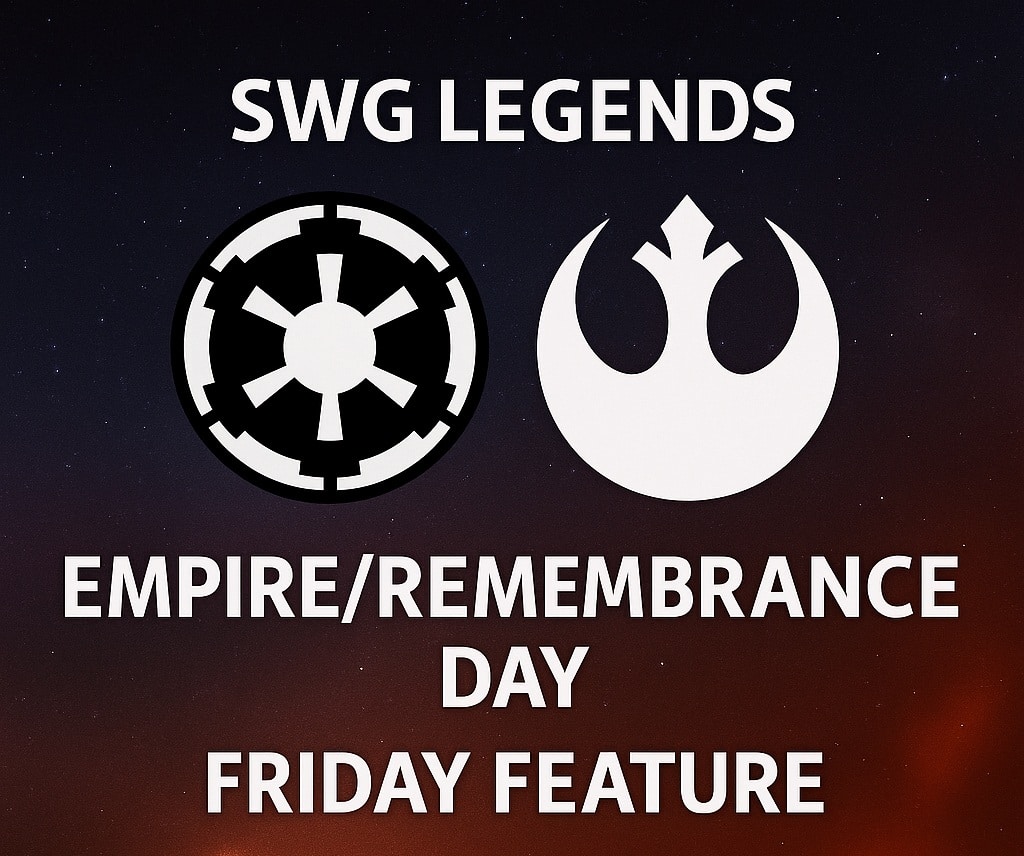 SWG Legends Empire Day and Remembrance Day 2025 promotional banner with Galactic Empire and Rebel Alliance symbols