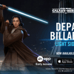 Depa Billaba holding her lightsaber, standing confidently with a glowing background in Star Wars: Galaxy of Heroes