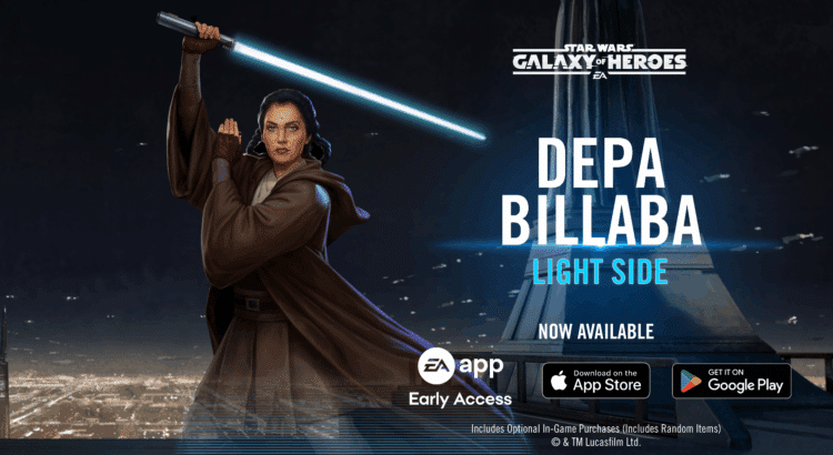 Depa Billaba holding her lightsaber, standing confidently with a glowing background in Star Wars: Galaxy of Heroes