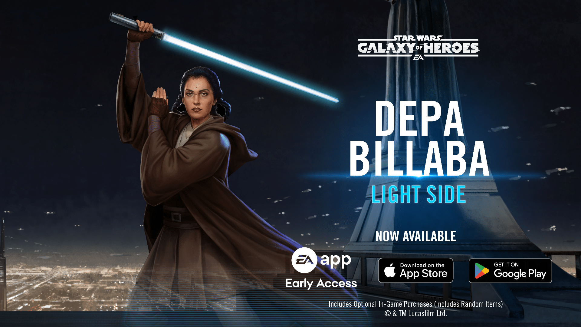 Depa Billaba holding her lightsaber, standing confidently with a glowing background in Star Wars: Galaxy of Heroes