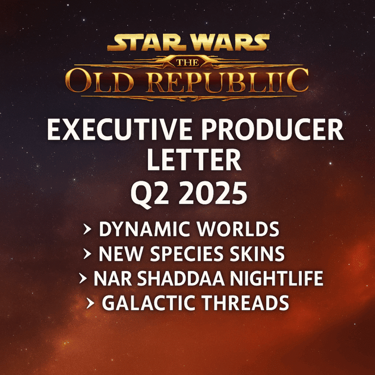 SWTOR Executive Producer Letter Q2 2025 banner with feature list