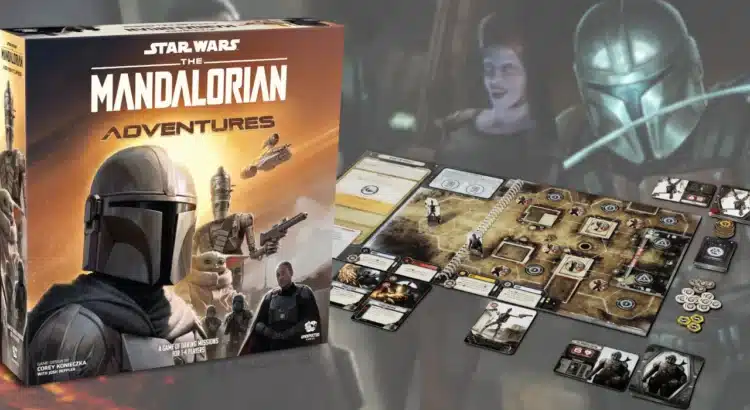 Board setup for Star Wars: The Mandalorian Adventures game with cards, tokens, and a mission map.