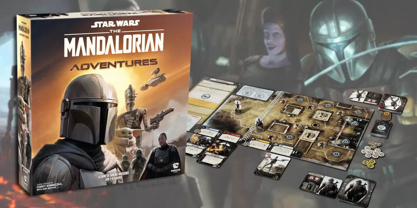Board setup for Star Wars: The Mandalorian Adventures game with cards, tokens, and a mission map.