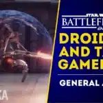 Shielded Droideka reinforcement firing in Battlefront II reveal alongside TX‑130 gameplay text and Anakin hero tag.